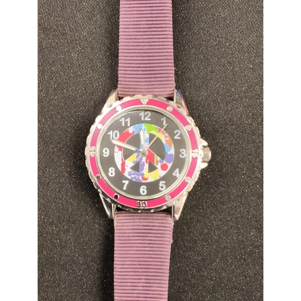 Accutime Silver/Pink Round Peace Sign Black Face Purple Unisex Watch Band #W5175